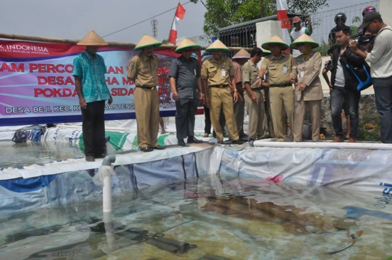Wakil Bupati Banyumas dr. Budhi Setiawan bersama Kepala Perwakilan Bank Indonesia Purwokerto Rahmat Hernowo melakukan penebaran benih sidat 